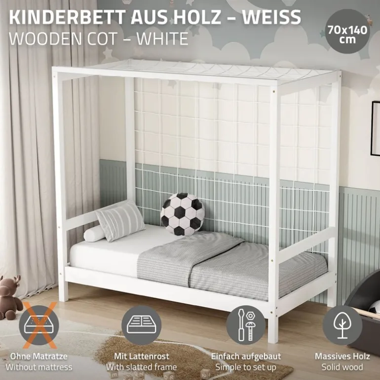 Kinderbett Fußballtor 70x140 cm Weiß Einzelbett für Kinder Holzbett mit Lattenrost & Tornetz Handballtor ML-Design