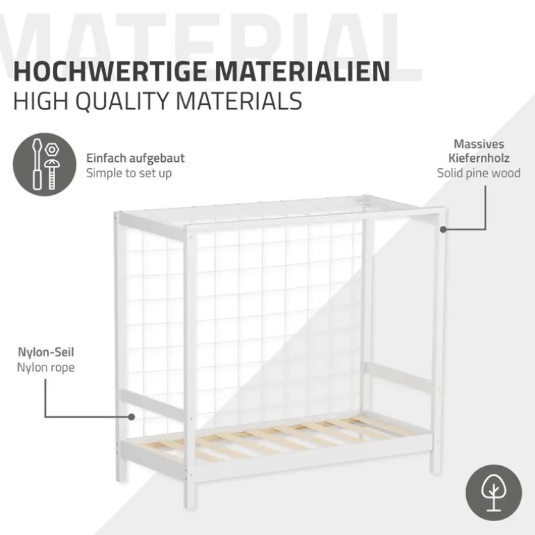 Kinderbett Fußballtor 70x140 cm Weiß Einzelbett für Kinder Holzbett mit Lattenrost & Tornetz Handballtor ML-Design