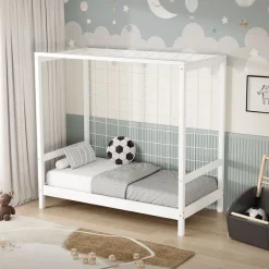 Kinderbett Fußballtor 70x140 cm Weiß Einzelbett für Kinder Holzbett mit Lattenrost & Tornetz Handballtor ML-Design