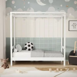 Kinderbett Fußballtor 70x140 cm Weiß Einzelbett für Kinder Holzbett mit Lattenrost & Tornetz Handballtor ML-Design