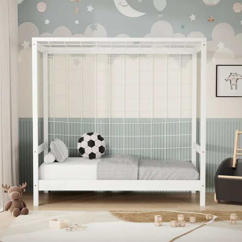 Kinderbett Fußballtor 70x140 cm Weiß Einzelbett für Kinder Holzbett mit Lattenrost & Tornetz Handballtor ML-Design