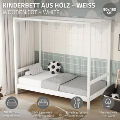Kinderbett Fußballtor 80x160 cm Weiß aus Kiefernholz mit Matratze H-10cm Handballtor mit Lattenrost & Tornetz ML-Design