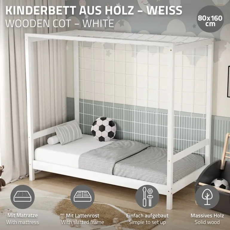 Kinderbett Fußballtor 80x160 cm Weiß aus Kiefernholz mit Matratze H-10cm Handballtor mit Lattenrost & Tornetz ML-Design