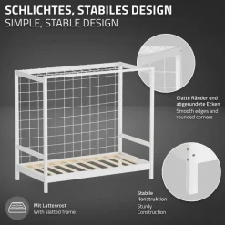 Kinderbett Fußballtor 80x160 cm Weiß aus Kiefernholz mit Matratze H-10cm Handballtor mit Lattenrost & Tornetz ML-Design