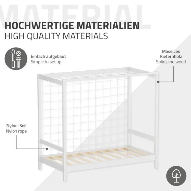 Kinderbett Fußballtor 80x160 cm Weiß Einzelbett für Kinder Holzbett mit Lattenrost & Tornetz Handballtor ML-Design