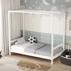 Kinderbett Fußballtor 80x160 cm Weiß Einzelbett für Kinder Holzbett mit Lattenrost & Tornetz Handballtor ML-Design