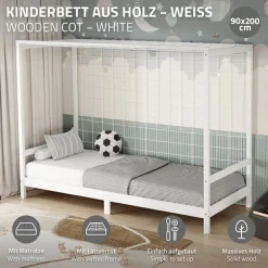 Kinderbett Fußballtor 90x200 cm Weiß aus Kiefernholz mit Matratze H-10cm Handballtor mit Lattenrost & Tornetz ML-Design