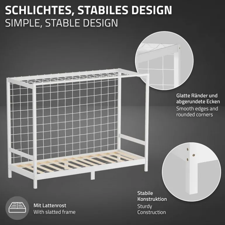 Kinderbett Fußballtor 90x200 cm Weiß aus Kiefernholz mit Matratze H-10cm Handballtor mit Lattenrost & Tornetz ML-Design