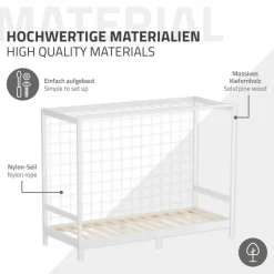 Kinderbett Fußballtor 90x200 cm Weiß aus Kiefernholz mit Matratze H-10cm Handballtor mit Lattenrost & Tornetz ML-Design