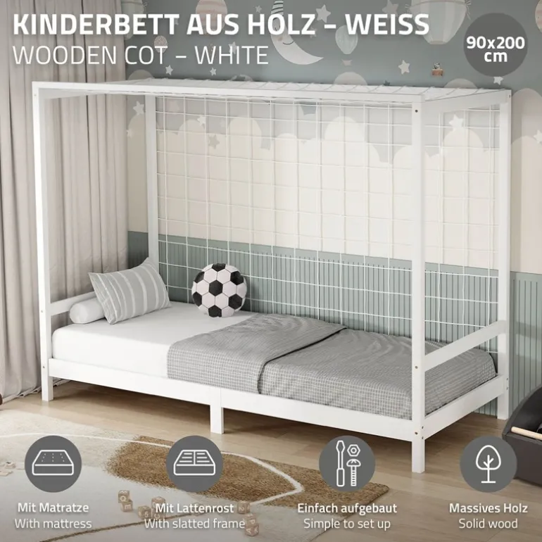 Kinderbett Fußballtor 90x200 cm Weiß aus Kiefernholz mit Matratze H-16cm Handballtor mit Lattenrost & Tornetz ML-Design