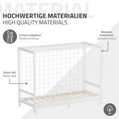 Kinderbett Fußballtor 90x200 cm Weiß aus Kiefernholz mit Matratze H-16cm Handballtor mit Lattenrost & Tornetz ML-Design