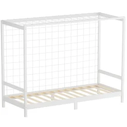 Kinderbett Fußballtor 90x200 cm Weiß Einzelbett für Kinder Holzbett mit Lattenrost & Tornetz Handballtor ML-Design