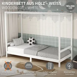 Kinderbett Fußballtor 90x200 cm Weiß Einzelbett für Kinder Holzbett mit Lattenrost & Tornetz Handballtor ML-Design