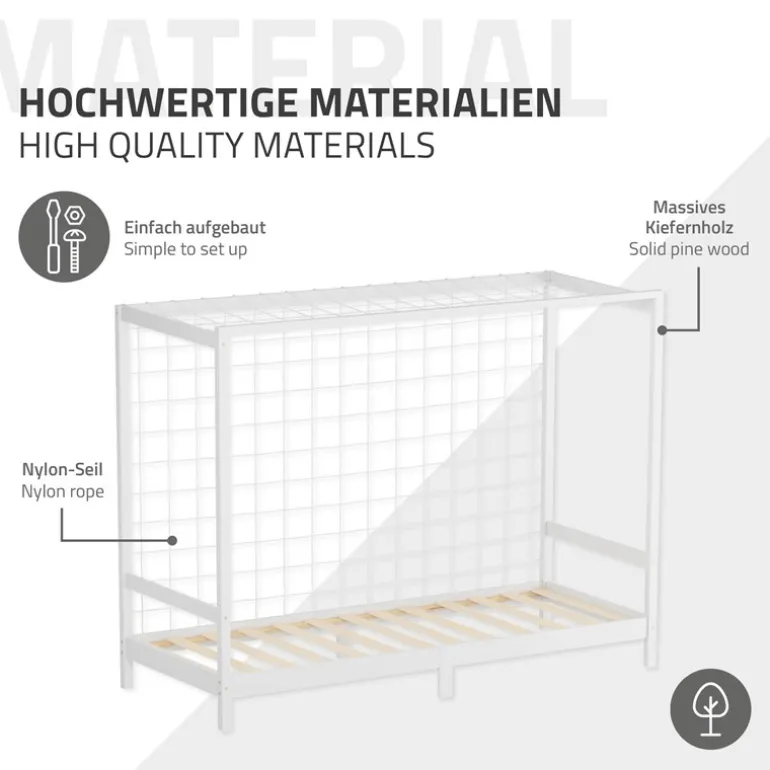 Kinderbett Fußballtor 90x200 cm Weiß Einzelbett für Kinder Holzbett mit Lattenrost & Tornetz Handballtor ML-Design