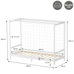 Kinderbett Fußballtor 90x200 cm Weiß Einzelbett für Kinder Holzbett mit Lattenrost & Tornetz Handballtor ML-Design