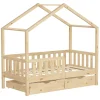 Kinderbett Hausbett mit 2 Schubkasten 70x140 cm Natur aus Kiefernholz mit Rausfallschutz und Lattenrost ML-Design
