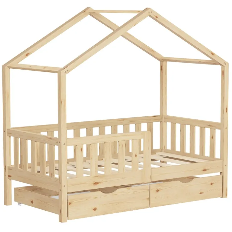 Kinderbett Hausbett mit 2 Schubkasten 70x140 cm Natur aus Kiefernholz mit Rausfallschutz und Lattenrost ML-Design