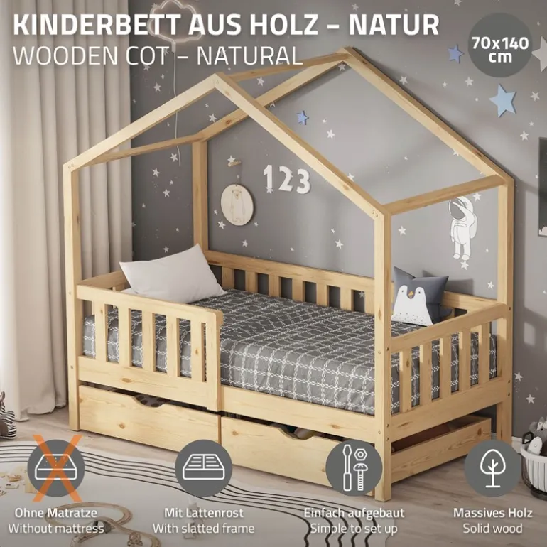 Kinderbett Hausbett mit 2 Schubkasten 70x140 cm Natur aus Kiefernholz mit Rausfallschutz und Lattenrost ML-Design