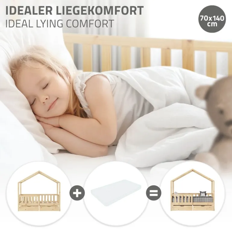 Kinderbett Hausbett mit 2 Schubkasten 70x140 cm Natur aus Kiefernholz mit Rausfallschutz und Lattenrost ML-Design