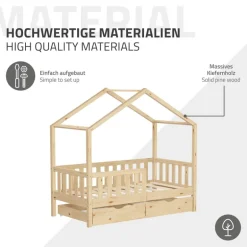Kinderbett Hausbett mit 2 Schubkasten 70x140 cm Natur aus Kiefernholz mit Rausfallschutz und Lattenrost ML-Design