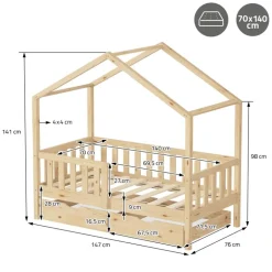 Kinderbett Hausbett mit 2 Schubkasten 70x140 cm Natur aus Kiefernholz mit Rausfallschutz und Lattenrost ML-Design