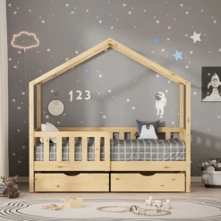 Kinderbett Hausbett mit 2 Schubkasten 70x140 cm Natur aus Kiefernholz mit Rausfallschutz und Lattenrost ML-Design