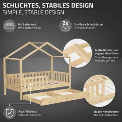 Kinderbett Hausbett mit 2 Schubkasten 80x160 cm Natur aus Kiefernholz mit Rausfallschutz und Lattenrost ML-Design
