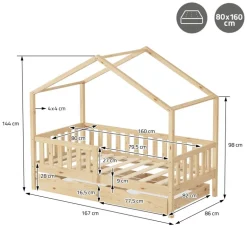 Kinderbett Hausbett mit 2 Schubkasten 80x160 cm Natur aus Kiefernholz mit Rausfallschutz und Lattenrost ML-Design