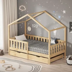 Kinderbett Hausbett mit 2 Schubkasten 80x160 cm Natur aus Kiefernholz mit Rausfallschutz und Lattenrost ML-Design