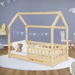 Kinderbett Hausbett 140x70 cm aus Kiefernholz mit Rausfallschutz Dach und Lattenrost Holzbett ML-Design