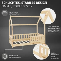 Kinderbett Hausbett 140x70 cm aus Kiefernholz mit Rausfallschutz Dach und Lattenrost Holzbett ML-Design