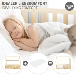 Kinderbett Hausbett 140x70 cm aus Kiefernholz mit Rausfallschutz Dach und Lattenrost Holzbett ML-Design