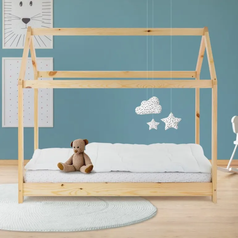 Kinderbett Hausbett 70x140 cm aus Kiefernholz Holzbett mit Dach und Lattenrost ML-Design
