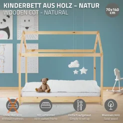 Kinderbett Hausbett 70x140 cm aus Kiefernholz Holzbett mit Dach und Lattenrost ML-Design