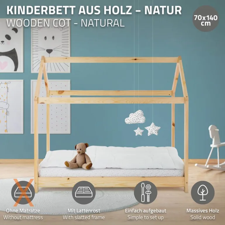 Kinderbett Hausbett 70x140 cm aus Kiefernholz Holzbett mit Dach und Lattenrost ML-Design