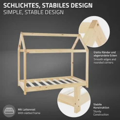 Kinderbett Hausbett 70x140 cm aus Kiefernholz Holzbett mit Dach und Lattenrost ML-Design