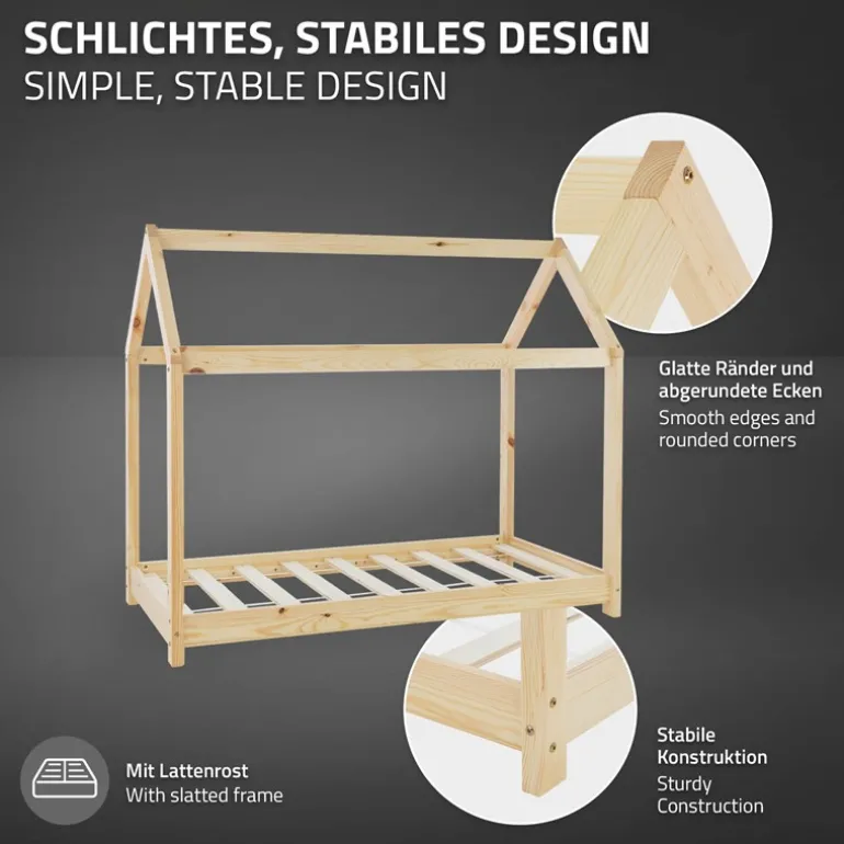 Kinderbett Hausbett 70x140 cm aus Kiefernholz Holzbett mit Dach und Lattenrost ML-Design