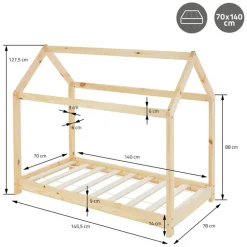 Kinderbett Hausbett 70x140 cm aus Kiefernholz Holzbett mit Dach und Lattenrost ML-Design