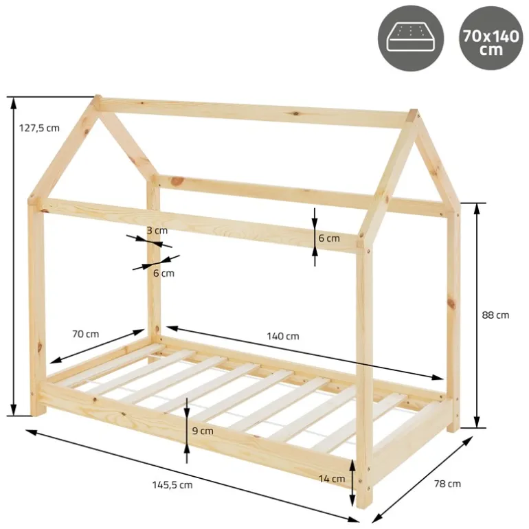 Kinderbett Hausbett 70x140 cm aus Kiefernholz Holzbett mit Dach und Lattenrost ML-Design