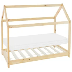 Kinderbett Hausbett 70x140 cm aus Kiefernholz inkl. Matratze H-10cm Holzbett mit Dach und Lattenrost ML-Design