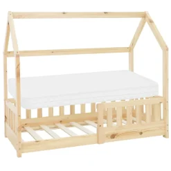 Kinderbett Hausbett 70x140 cm aus Kiefernholz inkl. Matratze H-10cm Rausfallschutz Dach und Lattenrost ML-Design