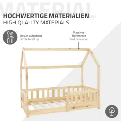 Kinderbett Hausbett 70x140 cm aus Kiefernholz inkl. Matratze H-10cm Rausfallschutz Dach und Lattenrost ML-Design