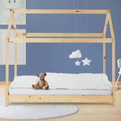 Kinderbett Hausbett 80x160 cm aus Kiefernholz Holzbett mit Dach und Lattenrost ML-Design