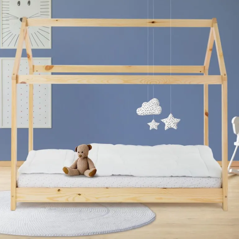Kinderbett Hausbett 80x160 cm aus Kiefernholz Holzbett mit Dach und Lattenrost ML-Design