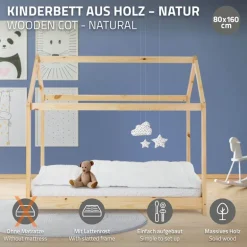 Kinderbett Hausbett 80x160 cm aus Kiefernholz Holzbett mit Dach und Lattenrost ML-Design