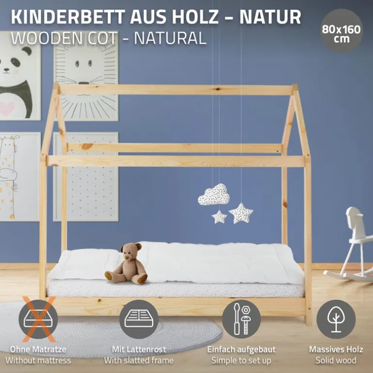 Kinderbett Hausbett 80x160 cm aus Kiefernholz Holzbett mit Dach und Lattenrost ML-Design
