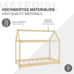 Kinderbett Hausbett 80x160 cm aus Kiefernholz Holzbett mit Dach und Lattenrost ML-Design