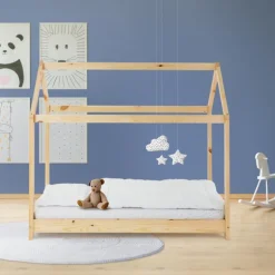 Kinderbett Hausbett 80x160 cm aus Kiefernholz Holzbett mit Dach und Lattenrost ML-Design