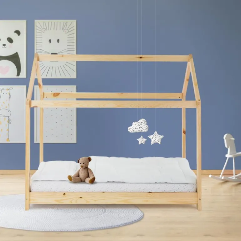 Kinderbett Hausbett 80x160 cm aus Kiefernholz Holzbett mit Dach und Lattenrost ML-Design