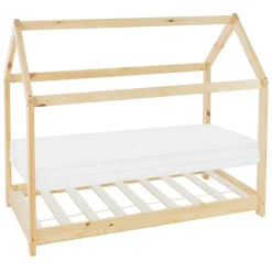Kinderbett Hausbett 80x160 cm aus Kiefernholz inkl. Matratze H-10cm Holzbett mit Dach und Lattenrost ML-Design